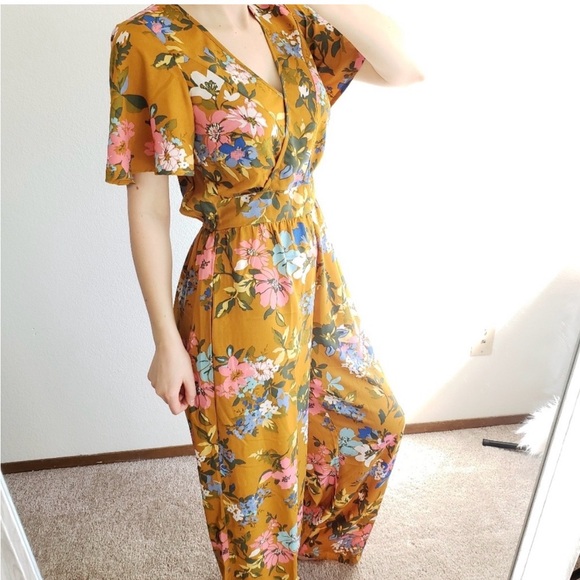 Band of Gypsies Pants - Band of Gypsies Mustard Floral Wrap Jumpsuit
